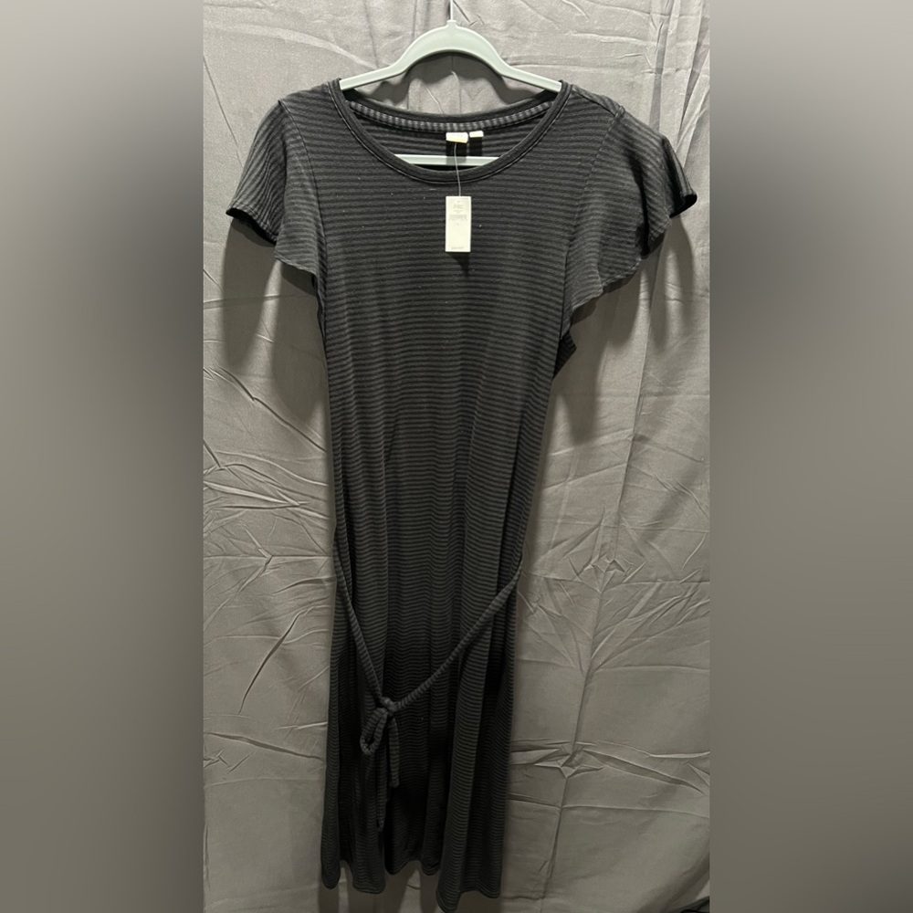 Gap Black Stripe Flutter Sleeve Midi Dress  Size Large Tie Waist NWT